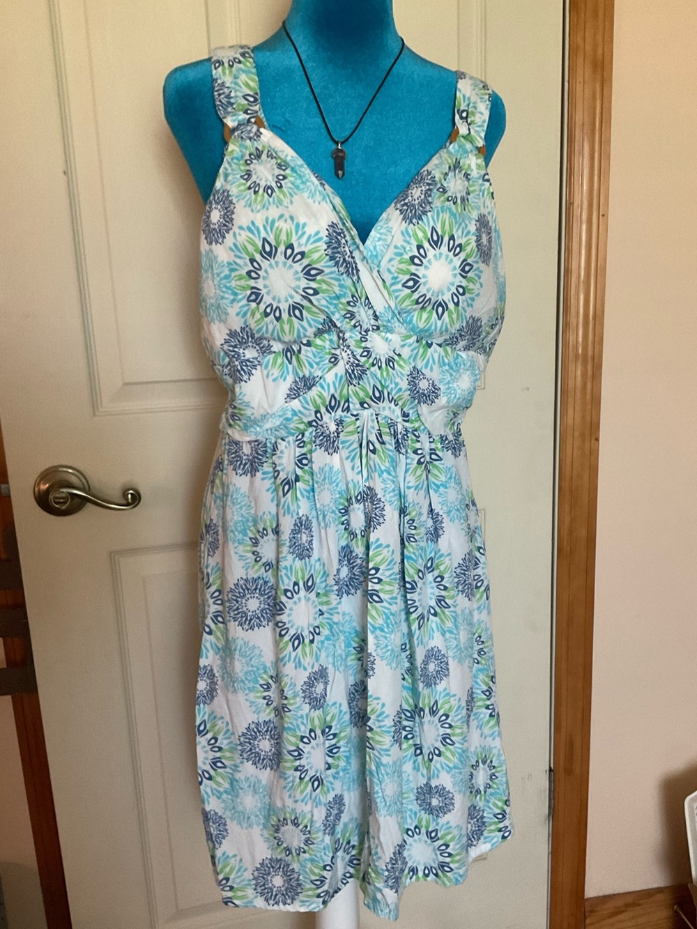 NWT SANTIKI BATIK BOHO Summer Sundress in White Blue & Green Medallion Print